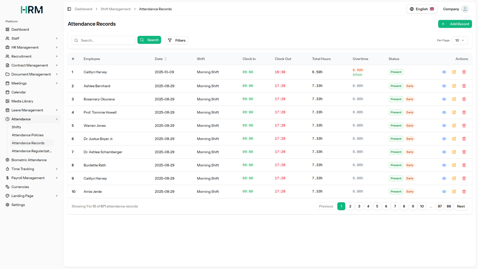 Attendance records view with shifts, clock-in and clock-out times, overtime, and status