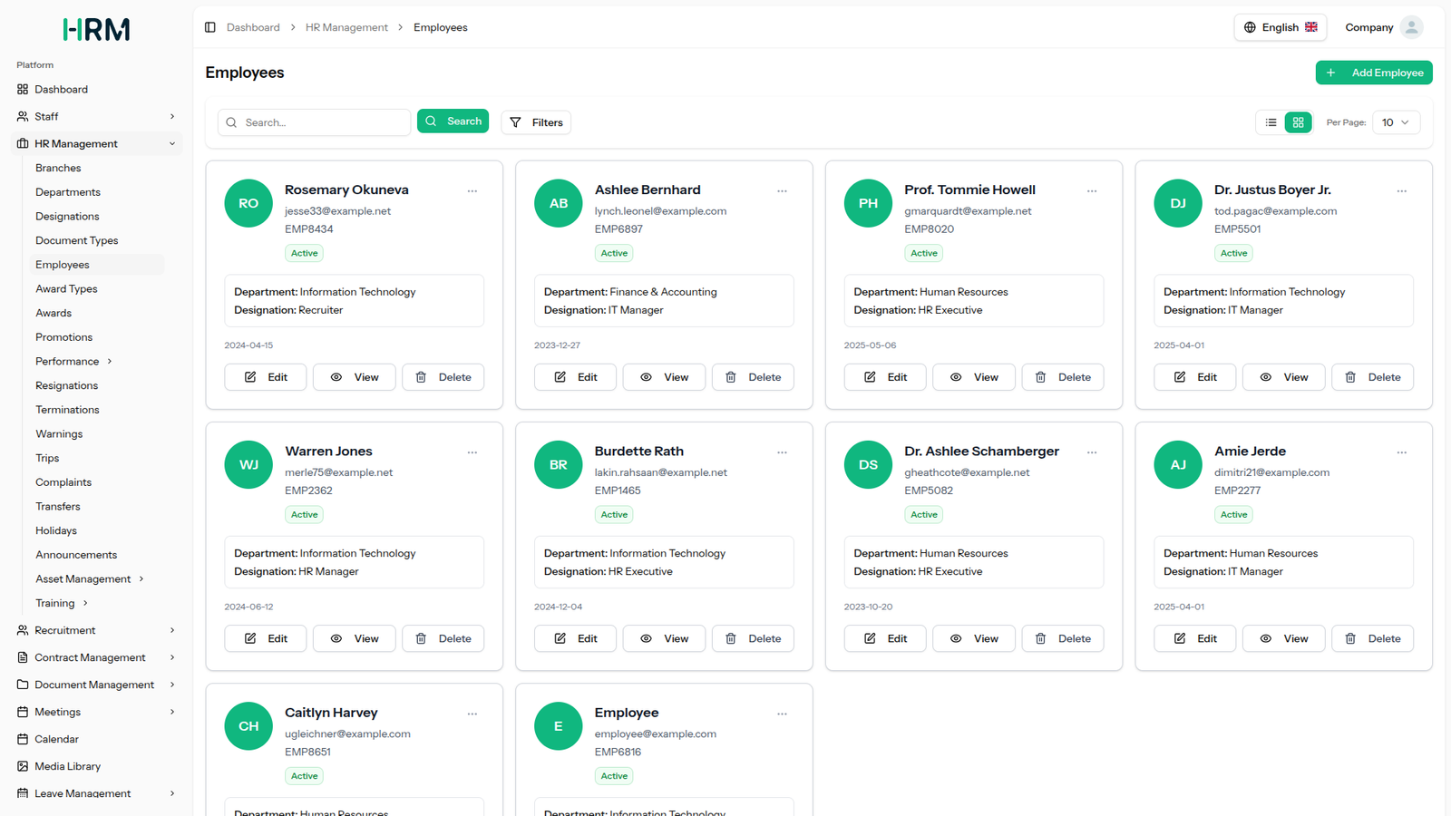 Employee management card view with employee details, departments, and status
