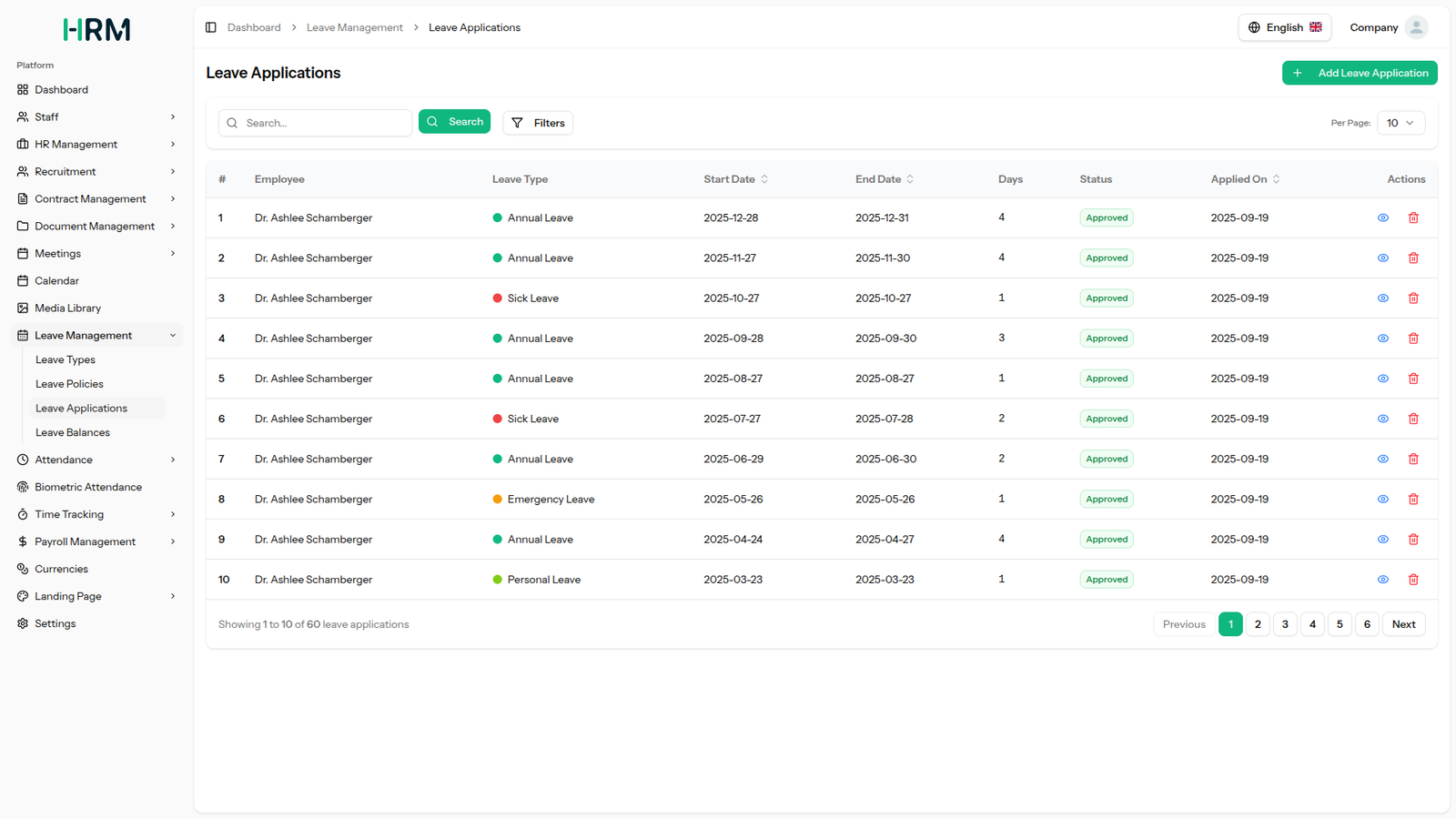 Leave applications view showing leave type, dates, duration, and approval status