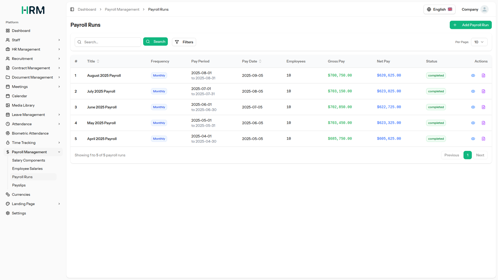Payroll runs view with pay periods, employee totals, gross pay, net pay, and completion status