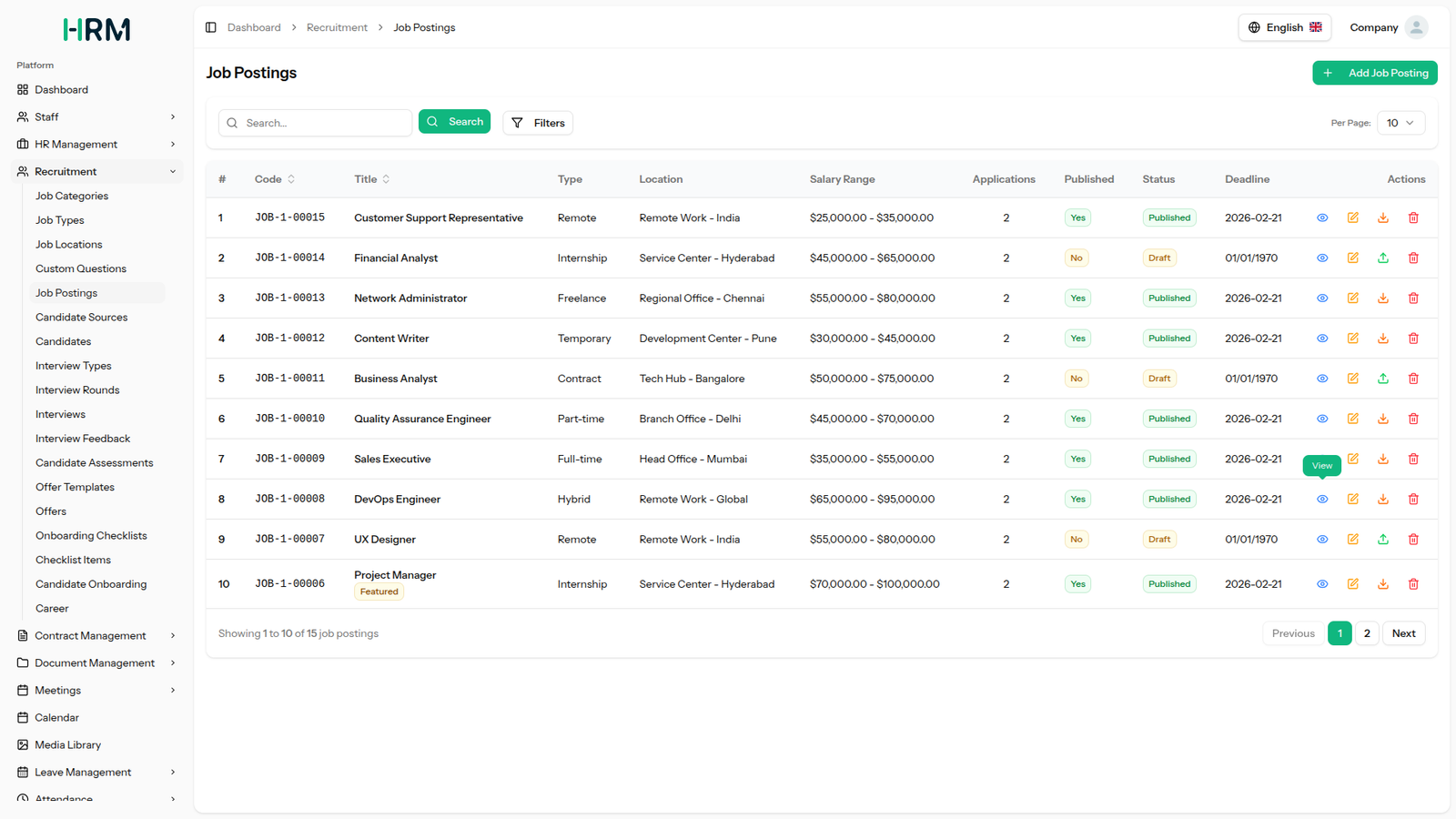 Recruitment job postings view with roles, locations, applications, and publishing status